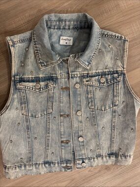 Simply Blessed Acid Light Wash Denim Vest with Stud Detail- Getaway car lyrics M